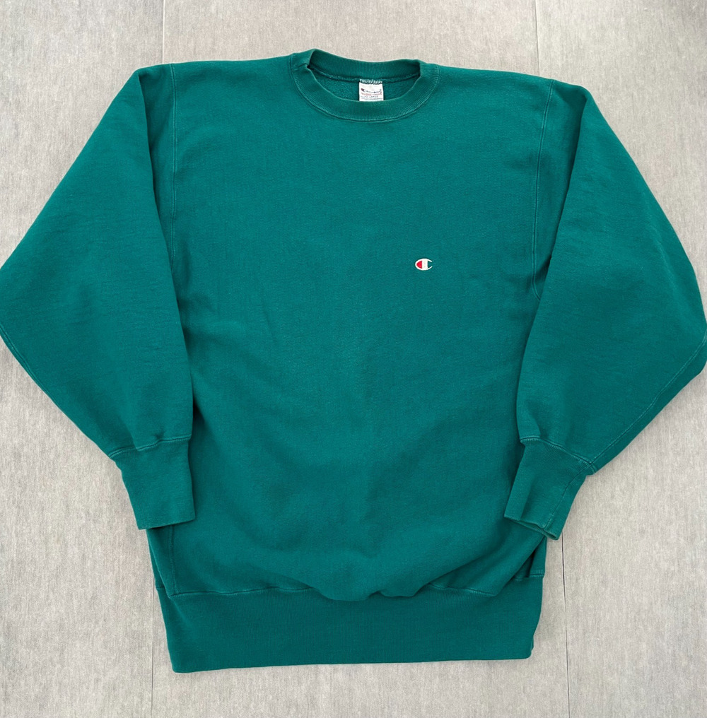 VINTAGE Champion Reverse Weave Sweatshirt Adult 2XL Teal Crew Neck Mini Logo Men